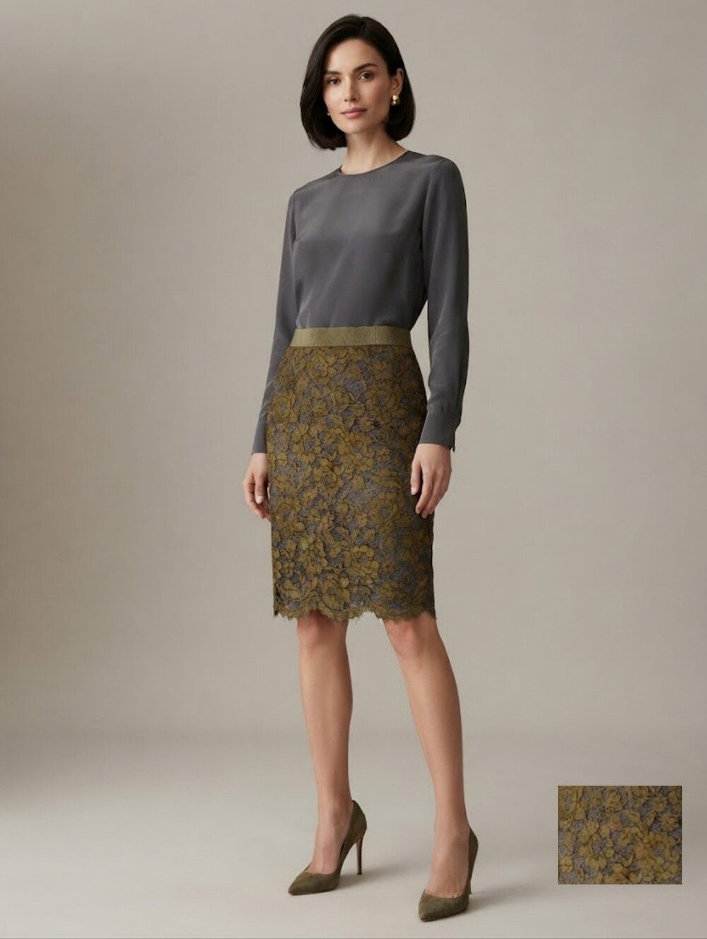 Women's Elegant Olive Green Lace Overlay Pencil Skirt By Loft Small